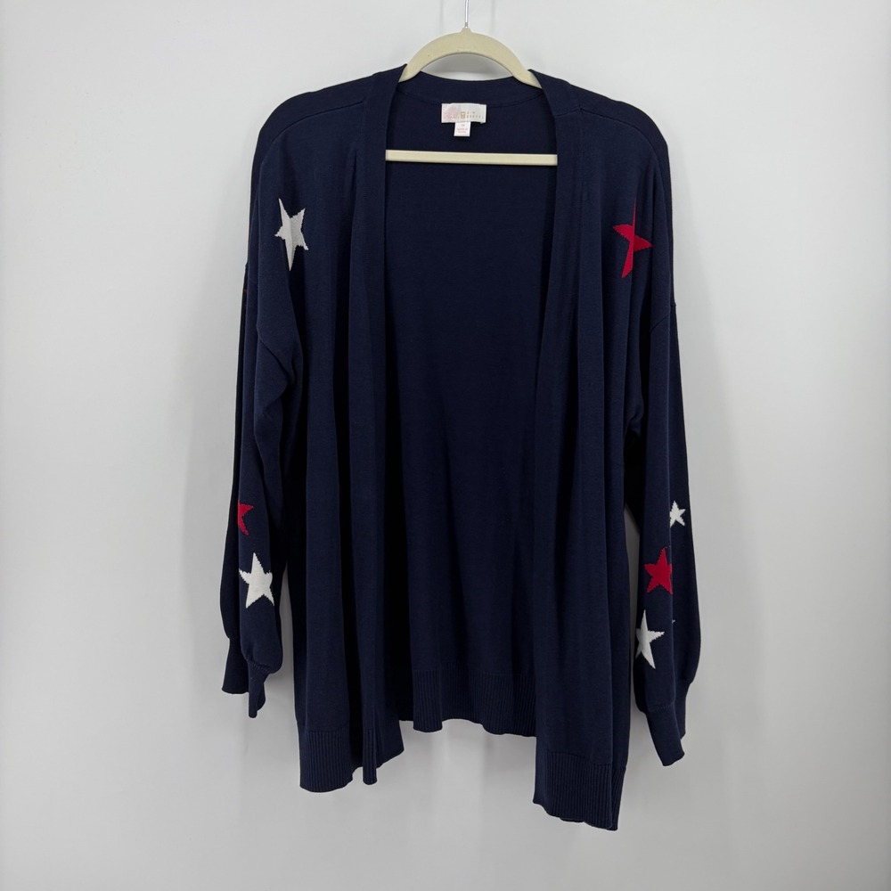 Belle by Kim Gravel Womens 1X Navy Blue Star Open Front Cardigan Sweater